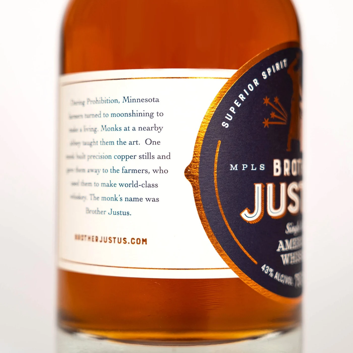 Brother Justus whiskey bottle front label close-up