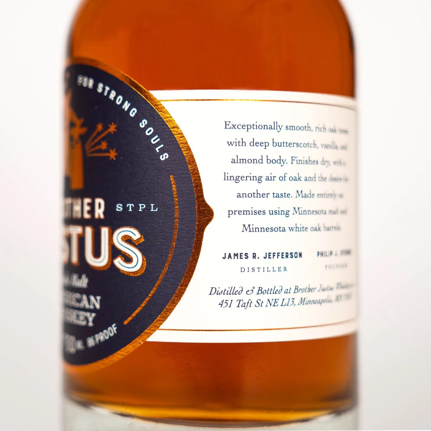 Brother Justus whiskey bottle right-side label detail