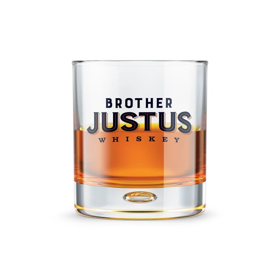 Brother Justus branded whisky tumbler with etched logo