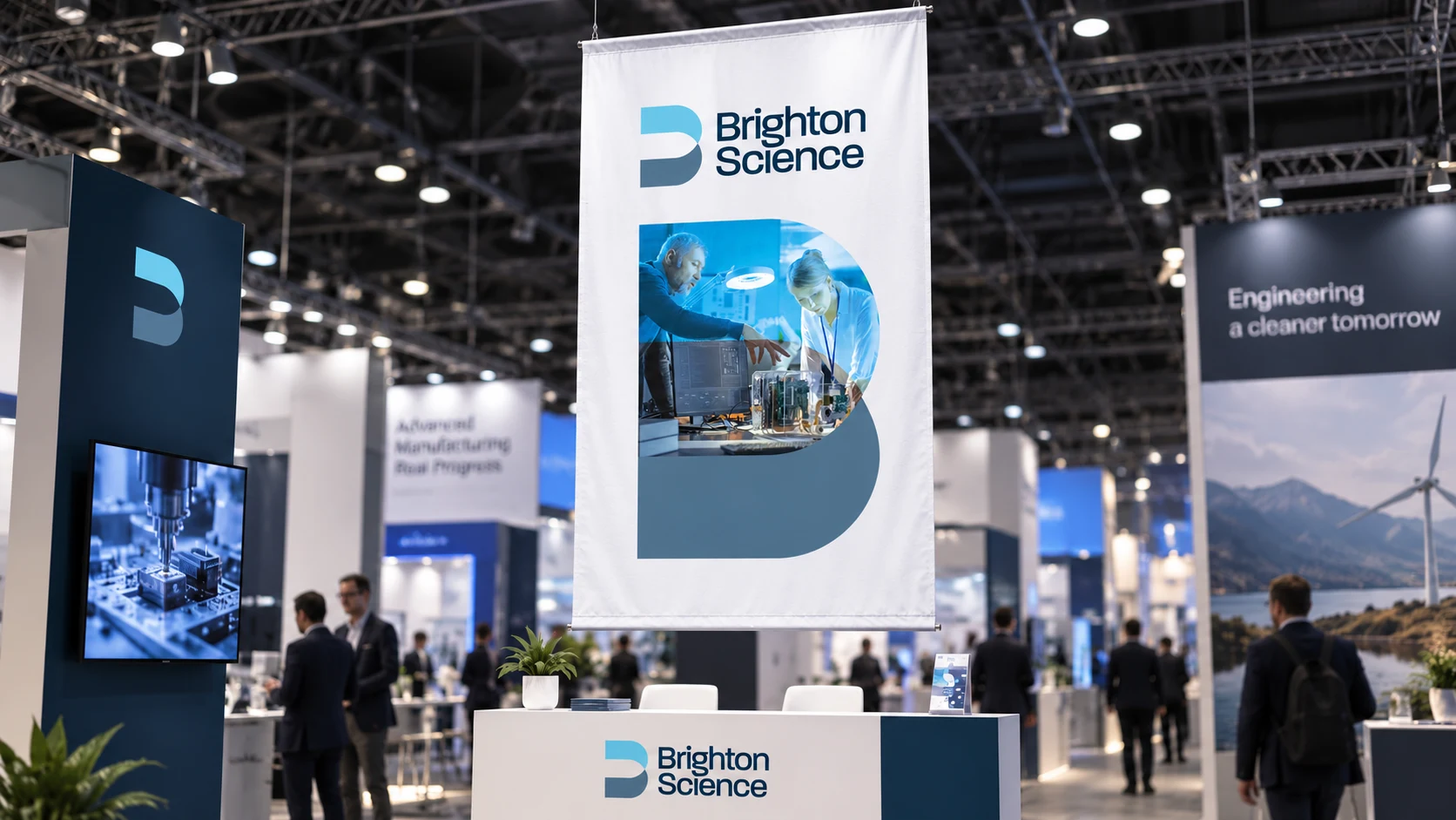 Brighton Science trade show exhibition booth with branded banner and reception counter
