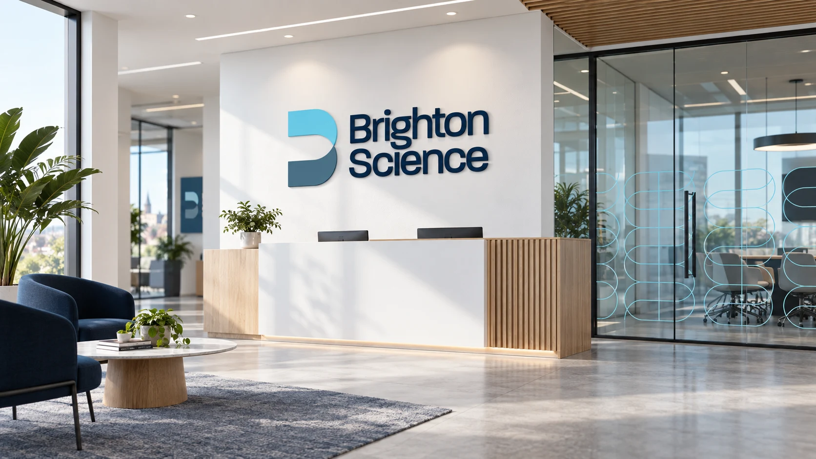 Brighton Science lobby with branded environmental graphics and immersive blue gradient installation