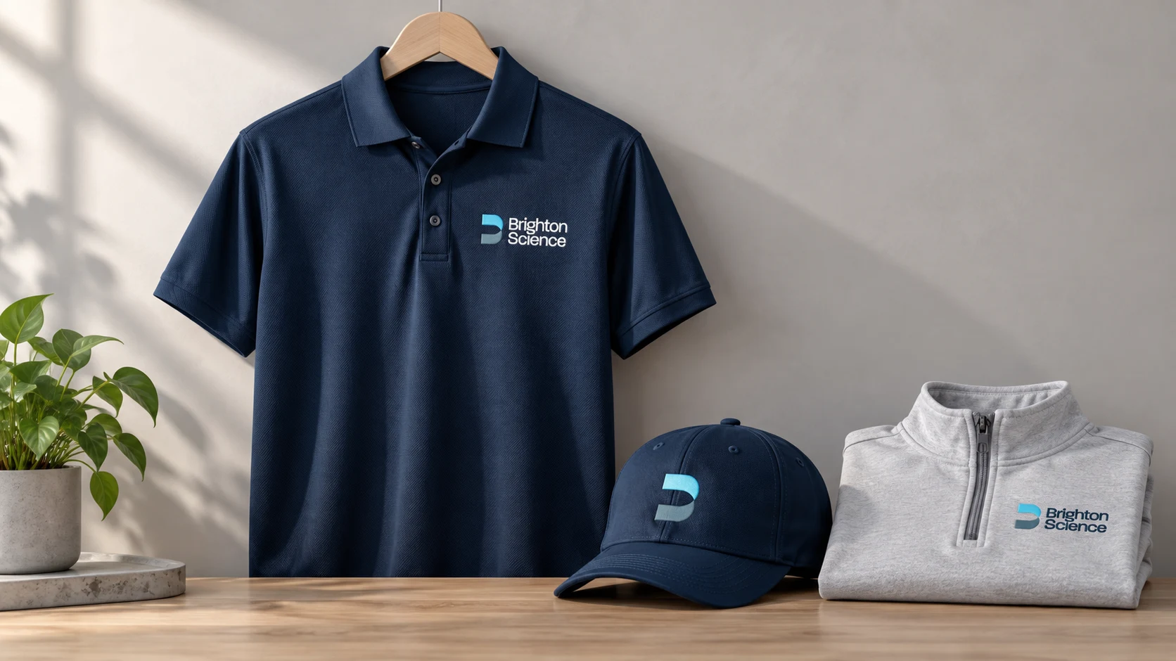 Brighton Science branded corporate apparel including polo, cap, and quarter-zip pullover