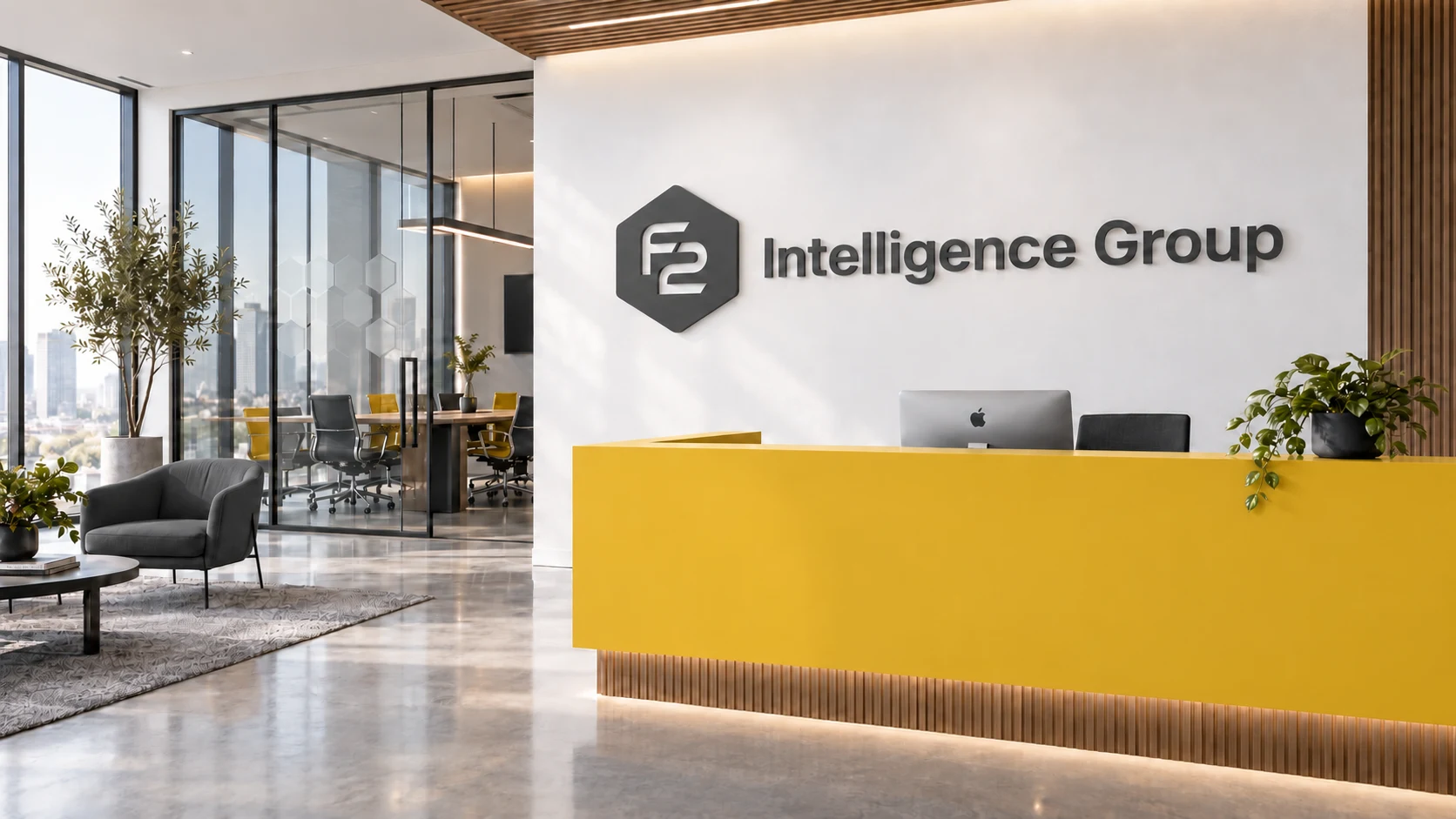 F2 Intelligence Group corporate lobby with hexagonal logo and branded environmental graphics