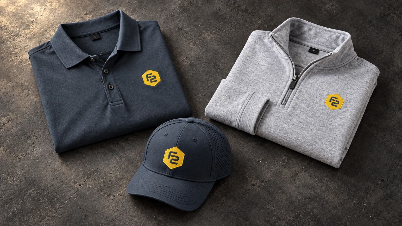 F2 Intelligence Group branded apparel including polo, quarter-zip, and cap with hexagonal logo