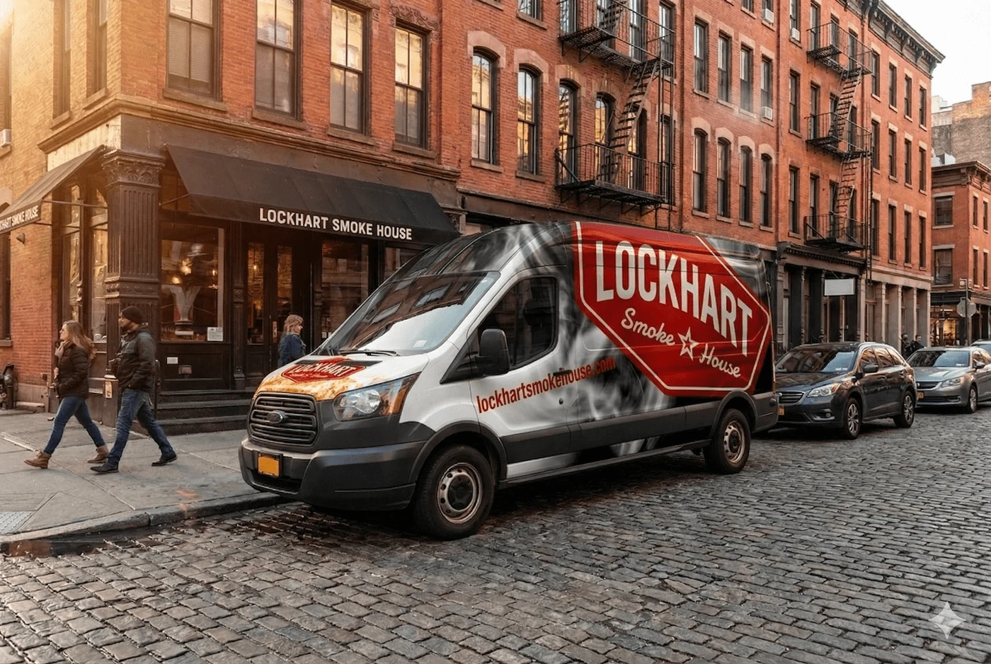 Lockhart Smokehouse branded van vehicle wrap on a city street