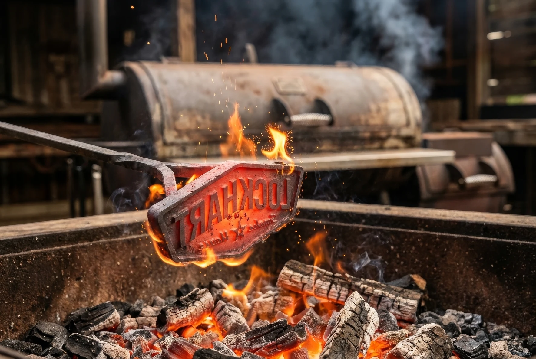 Lockhart Smokehouse branding iron heated in glowing coals
