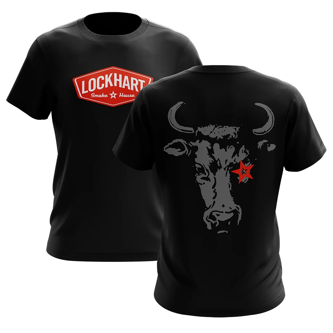 Lockhart Smokehouse branded t-shirt with steer graphic and shield logo