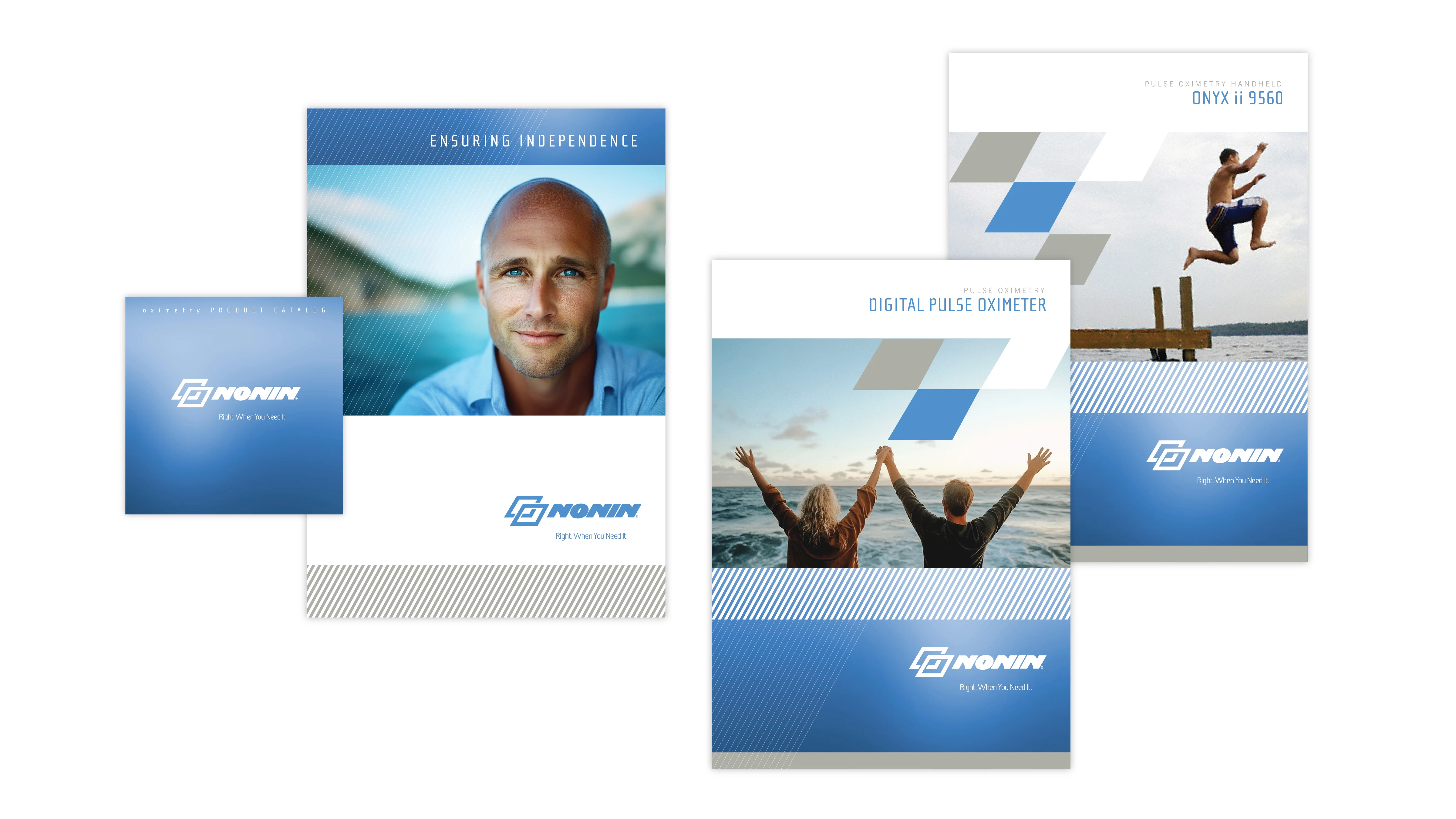 Nonin Medical branding group with pulse oximetry product brochures and advertising