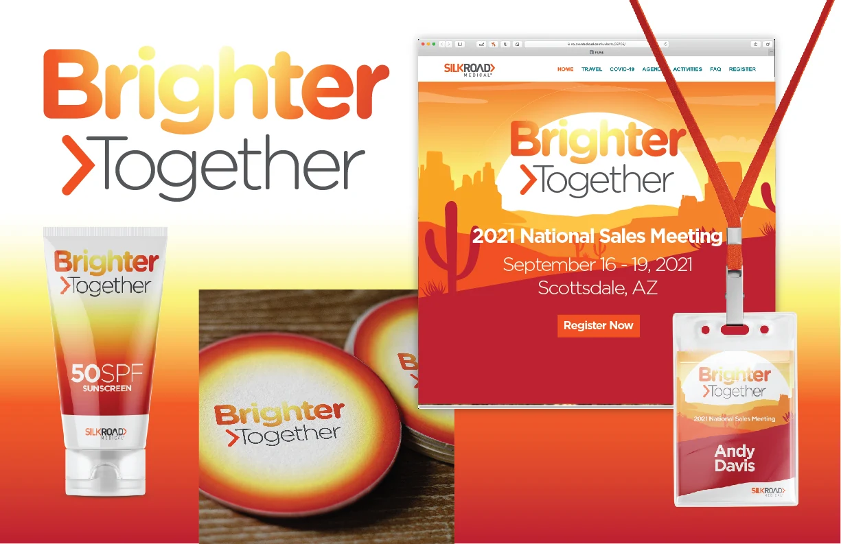 Silk Road Medical Brighter Together 2021 National Sales Meeting style board with campaign logo, sunscreen packaging, event badge, and website landing page