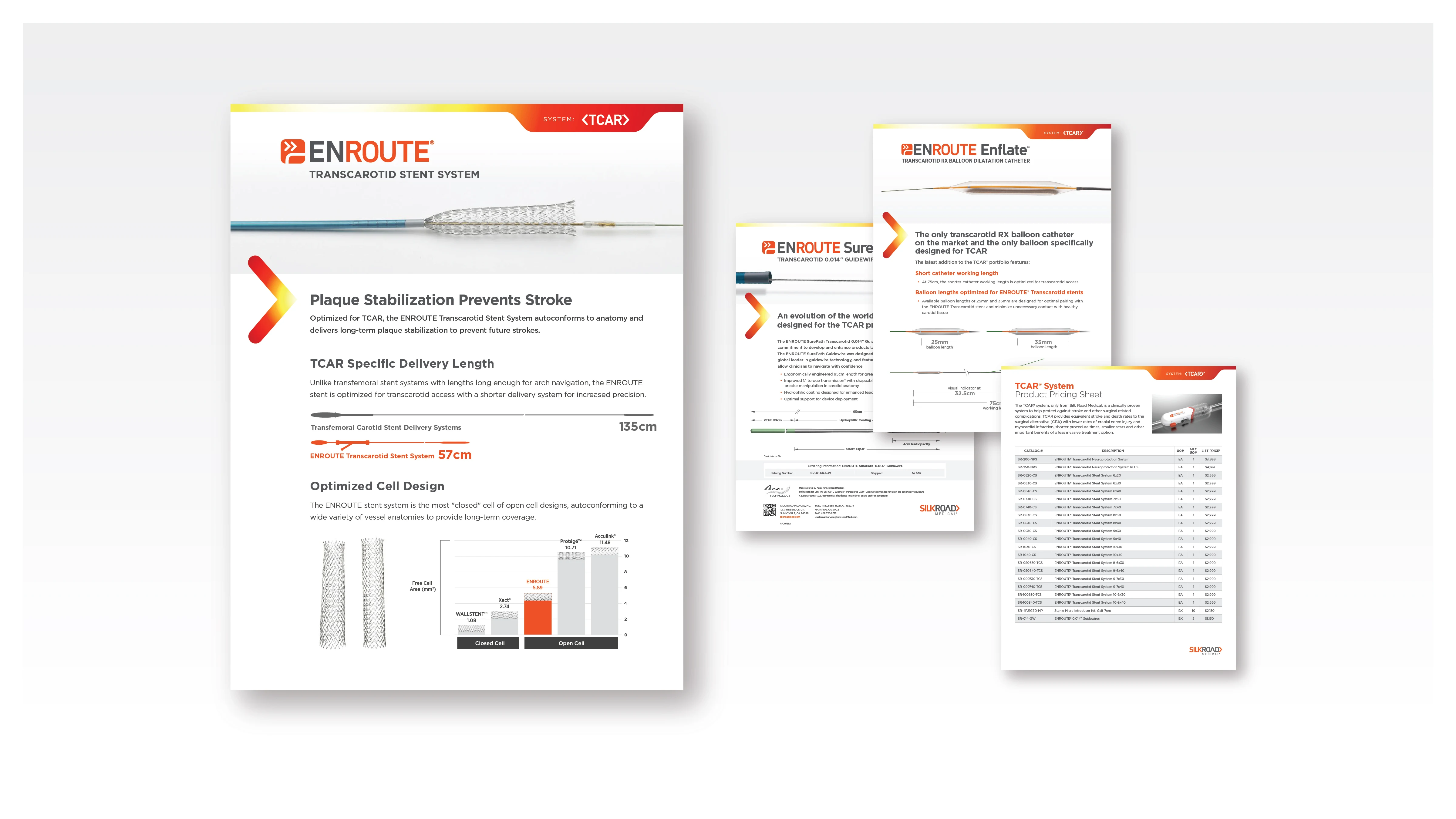 Silk Road Medical MedTech product branding group with sell sheets and information flyers for the ENROUTE device portfolio