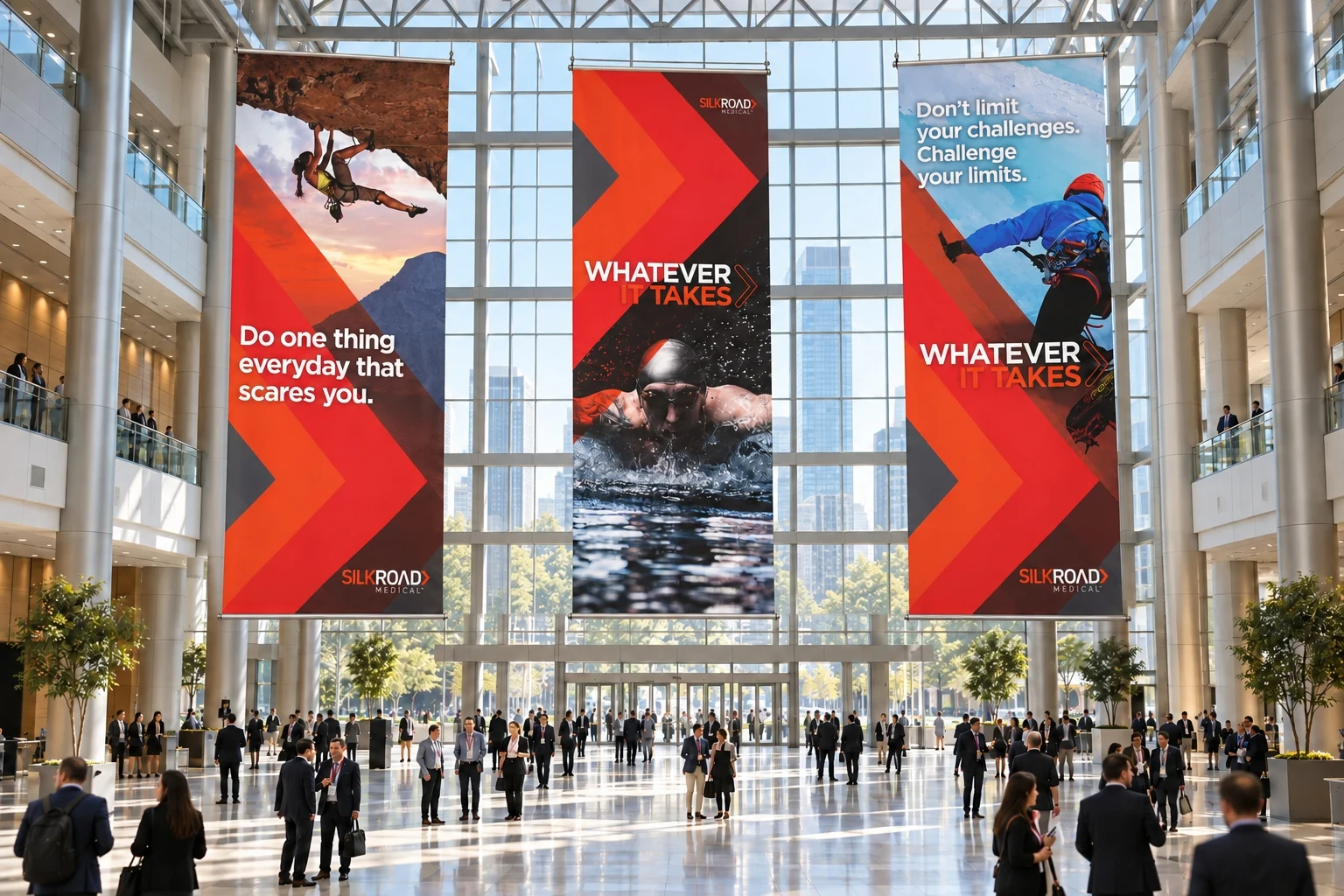 Silk Road Medical Whatever It Takes campaign banners hanging in a convention center atrium